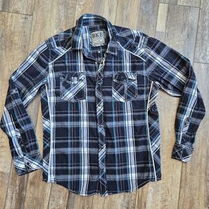 BKE Men's Black and Blue Checkered  Button Down Shirt. Size LARGE